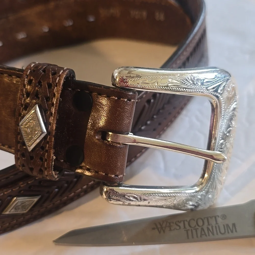 Mens Brown Premium Woven Leather Western Belt With Silver Buckle Sz.L/XL